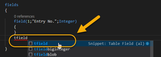 Visual Studio Code. Lenguaje AL. Snippet tfield